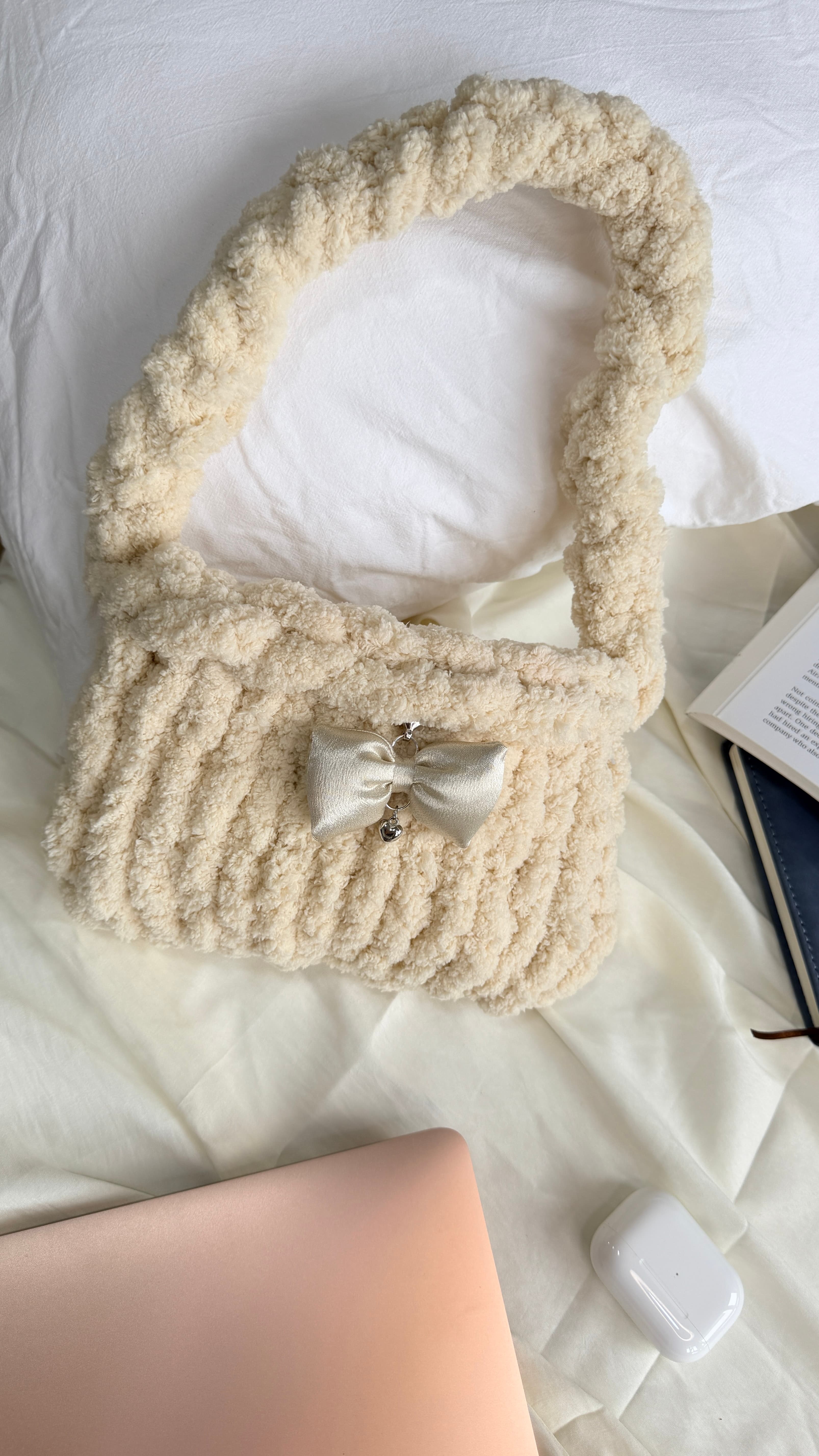 Pearl Whisper | Cream Fluffy Crochet Bag with Bow