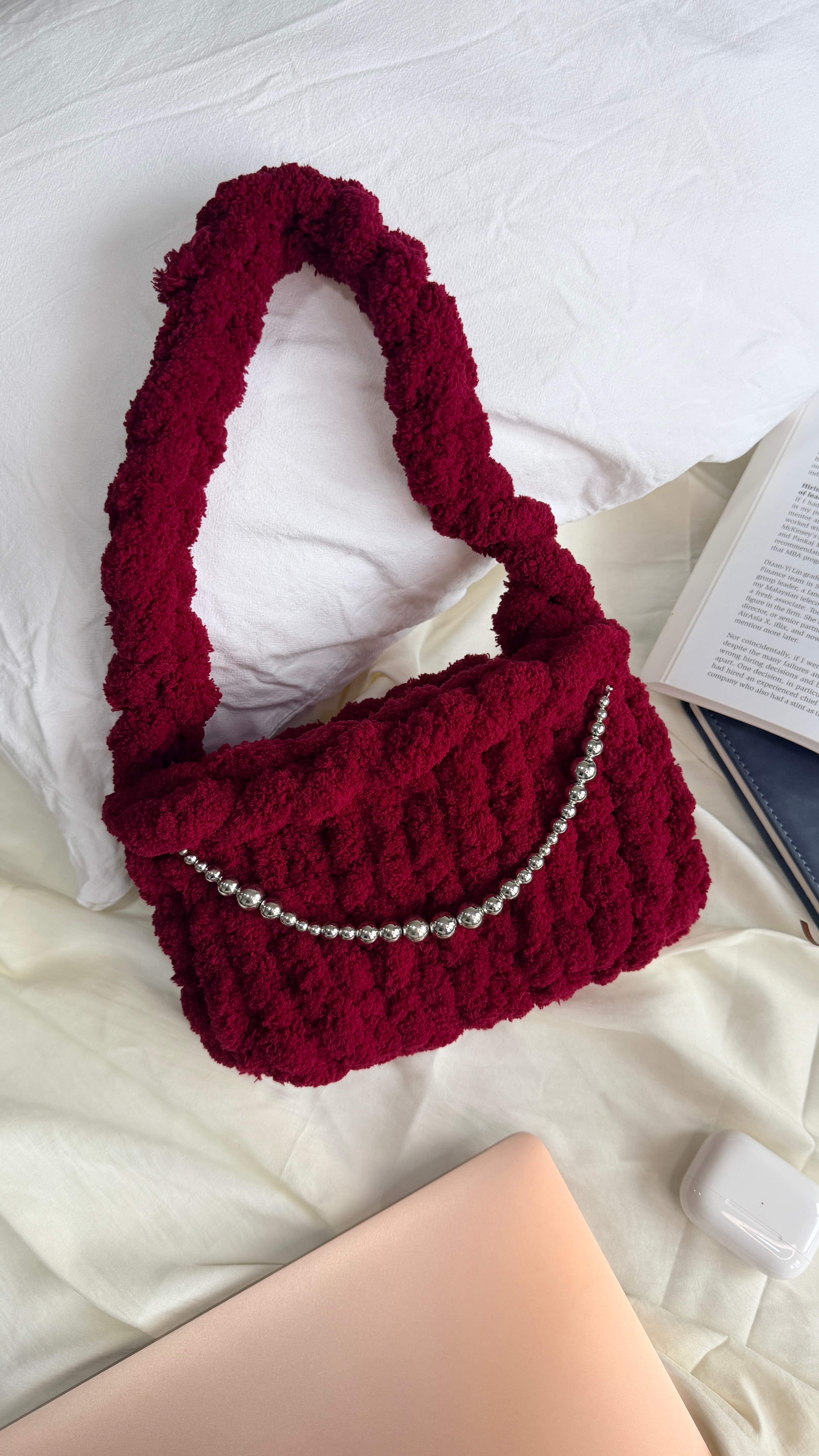 Cherry Noir | Burgundy Fluffy Crochet Bag with Silver Bead Chain