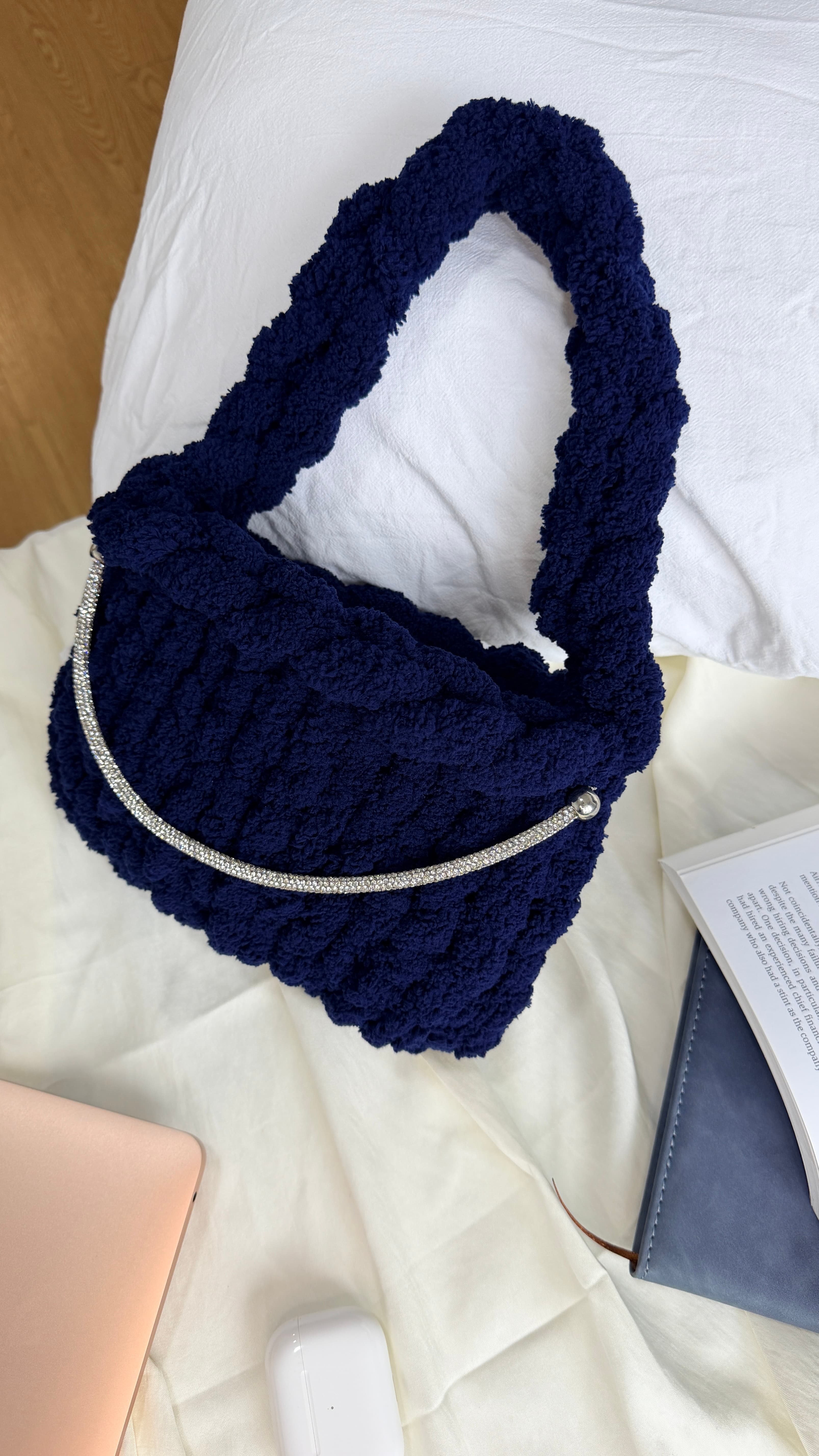 Midnight Muse | Navy Blue Fluffy Crochet Bag with Silver Rhinestone Chain